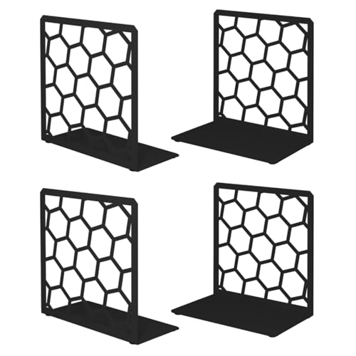 Premium Geometric Black Honeycomb Bookends for Shelves, Metal Book Ends Office, L-Shaped Stopper, Rustproof Decorative Unique Home, 6.25 (L) x 6 (W) inches, 2 Pairs - Geomod, (Pair of 2) - color: Black, size: 2 Pairs
