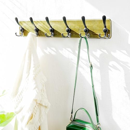 Coat Rack Wall Mounted - 24" Long 6 Tri Hooks, Heavy Duty Wooden Wall Coat Hanger Coat Hook for Clothes Hat Jacket Clothing, Weathered Green and Black - color: Weathered Green & Black, size: L=24"