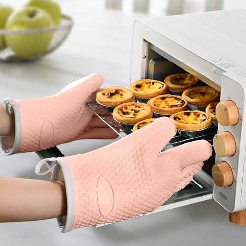 1 Pair Oven Mitts, Heat Resistant Protective Oven Gloves, Cotton Lined Silicone Kitchen Mitts Pair, Nonslip Silicone Cooking Gloves with Fingers (Light Pink) - color: Light Pink