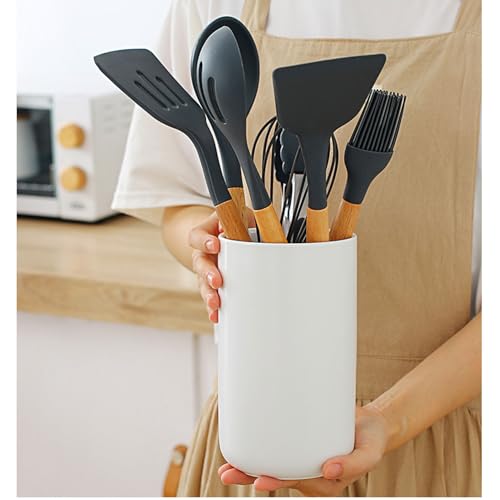 Kitchen Utensil Holder, 6.3"+5.3" Ceramic Kitchen Utensil Holder for Countertop, Large Cooking Utensil Crock for Kitchen Counter, Set of 2, for Spoons, Spatulas, Utensils (White Set) - color: White Set