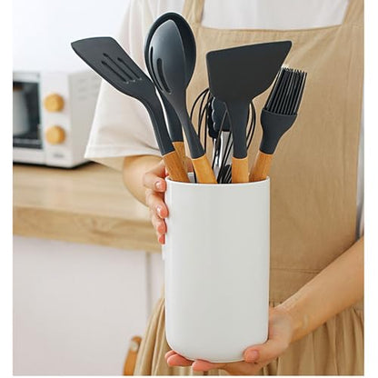 Kitchen Utensil Holder, 6.3"+5.3" Ceramic Kitchen Utensil Holder for Countertop, Large Cooking Utensil Crock for Kitchen Counter, Set of 2, for Spoons, Spatulas, Utensils (White Set) - color: White Set