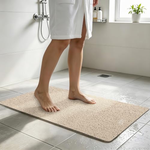 Non-Slip PVC Loofah Bath Mat, 17.7"x27.5"Inch Quick Dry Shower Mat with Efficient Drainage, Soft Comfortable Bathroom Mat for Wet Areas, Beige Bathtub Mat, Machine Washable - color: Beige, size: 27.5" x 17.7" (Rectangular)