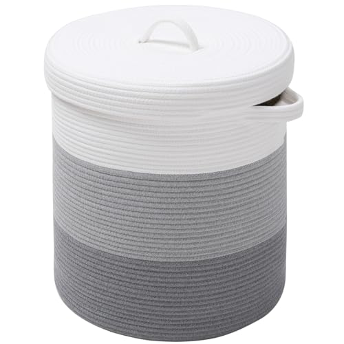16x18 Inch Extra Large Round Cotton Rope Storage Basket with Lid, Decorative Woven Bin with Cover for Living Room Bedroom Closet, Light Grey & Grey