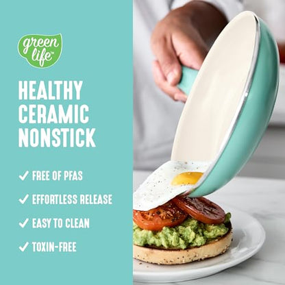 GreenLife 16 Piece Ceramic Nonstick Pots & Pans Cookware Set, Turquoise | PFAS-Free Ceramic Nonstick, Stockpot, Frying Pans, Saucepans, Sauté Pan, Stay-Cool Handles, Dishwasher & Oven Safe up to 350F - color: Mint Green, style: Soft Grip