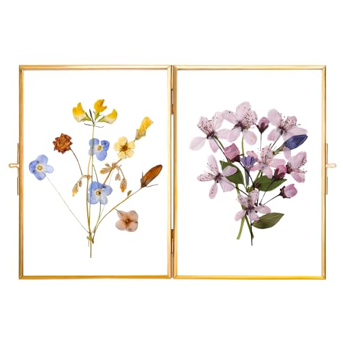 REDHUGO Glass Pressed Flower Frame Handmade, Rectangle, Gold, 5×7 Inches | Hinged Double Press Flower Frame, Tabletop Brass Photo Frames, Rectangle Dried Flowers Display Folding Frames for Home - color: Gold, size: 5L" x 7W"