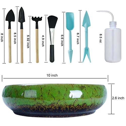 ARTKETTY Large Succulent Pots with Drainage 10 inch Succulent Planters with Planting Tools Set & 2.2lb Mix Pebbles - Ceramic Bonsai Pot for Indoor Succulent Plants Cactus Flower Planter - color: Green With Mix Lava Rock Pebbles