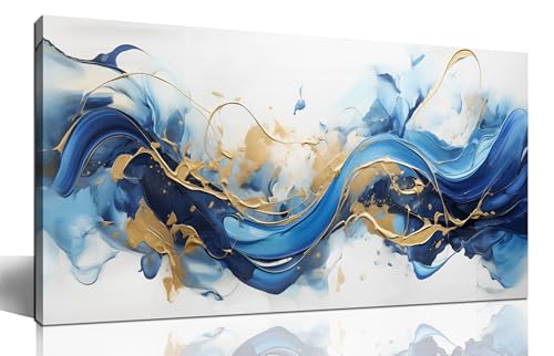 AUUZAIUA Abstract Canvas Wall Art Blue and Gold Fluid Wave Prints 20x40 In | Large Minimalist Artwork,Living Room,Bedroom Home Office Decor, Framed, Easy to hang,Modern Decor,Gift - color: blue, size: 20"L x 40"W
