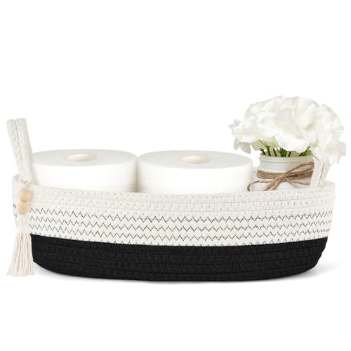 Mkono Toilet Paper Basket, Boho Bathroom Decor, Small Storage Organizer | Black and White, 13"L x 6"W, Back of Toilet Basket, Decorative Woven Tray with Handles, Space-Saving, Living Room Bedroom - color: Black and White, size: Small
