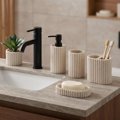 Bathroom Accessories Set,Sandstone Look Beige, Thick Stripe, 5 PCS | Modern, Minimalist, Included 13.5 OZ Soap Dispenser, Toothbrush Holder, Tumbler, Bar Soap Holder, Faux Potted Plant - color: Beige 5pcs