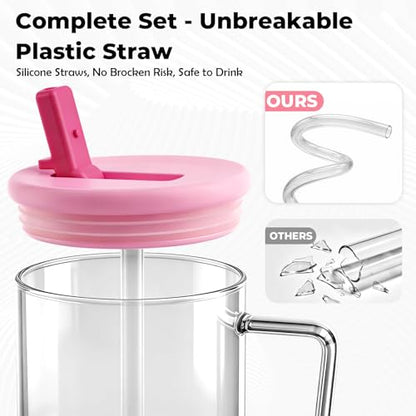 40oz Glass Tumbler with Flip Straw Lid, Handle, Silicone Sleeve, Pink | Leakproof Lid, Fits Car Cup Holder Glass for Iced Coffee, Water, Cold Drinks, Travel, Outdoor, Partys&Home - color: Pink