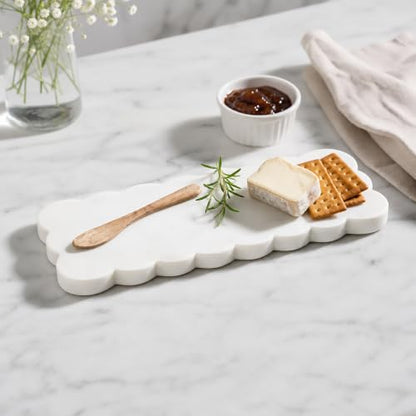 Mud Pie Scallop Marble Board Set, White, 12" x 5" | Scalloped Cutting Board for Charcuterie