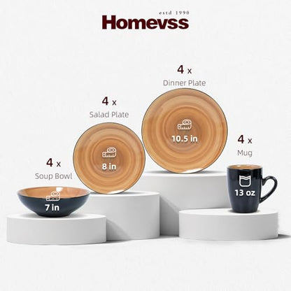 HomeVss, Sonoma 16pc Stoneware Dinnerware Set, Outside Black + Inside Hand Painting Color Mocha - color: Mocha