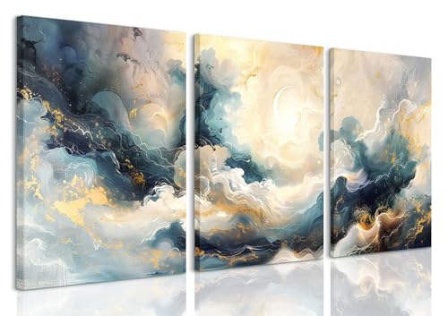 LYPHNX Framed Blue Abstract Fantasy Canvas Wall Art Minimalism Ink Painting Poster Set of 3 Modern ArtWork Navy Blue Gold Marble Prints Pictuer Wall Decor for Living room Bedroom Office Hotel 16"x24" - color: Abstract Ink, size: 16"x24" Canvas
