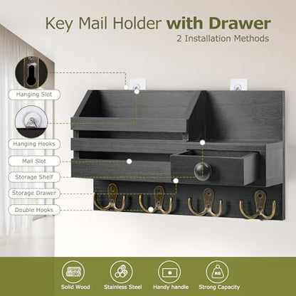 Key Holder Wall Mount, Wooden Key and Mail Organizer, Black | 2 Mount Options, Includes 8 Hooks, Fence Mail Slot, Small Drawer and Shelf, for Entryway, Hallway, Doorway, Living Room, RV - color: Black