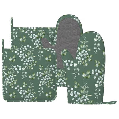 Sage Green Eucalyptus Oven Mitts and Pot Holders Sets for Kitchen Silicone Watercolor Leaves Branches and Holly Leaves Oven Gloves Oven Mitts with 2 Non-Slip Pads Kitchen Gloves for Cooking - color: Sage Green