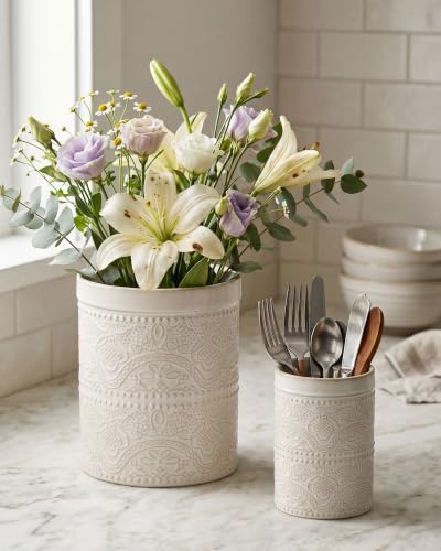 Kitchen Utensil Holder, 7.2" Super Large Utensil Crock Heavy and Stable Lace Emboss Ceramic Utensil Holder for Kitchen Counter (Lace Emboss) - color: Antique White