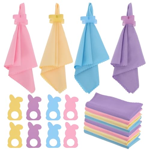16 Pcs Easter Napkin Rings and Easter Napkins Cloth -Wood Rabbit Bunny Napkin Rings Holders Set Pastel Cloth Napkins for Easter Spring Holiday Dinning Table Dinner Decoration - color: Pink