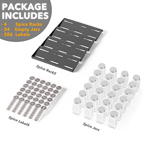 SpaceAid Spice Drawer Organizer with 24 Spice Jars, 386 Spice Labels, 4 Tier Seasoning Rack Tray Insert for Kitchen Drawers, 11.25" Wide x 17.5" Deep - size: 24 Jars, 11.25" Wide