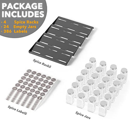 SpaceAid Spice Drawer Organizer with 24 Spice Jars, 386 Spice Labels, 4 Tier Seasoning Rack Tray Insert for Kitchen Drawers, 11.25" Wide x 17.5" Deep - size: 24 Jars, 11.25" Wide