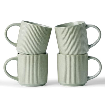 famiware Coffee Mug Set of 4, Star 12 oz Ceramic Mugs Cups Set with Handle | Stoneware Stackable Catering Cup for Coffee, Tea, Cappuccino, Latte, Microwave & Dishwasher Safe, Matte Green - color: Star-Matte Green, size: 4 Count (Pack of 1)