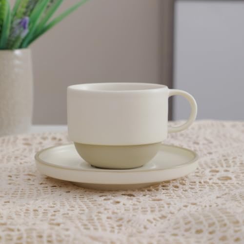 Little minimalist ceramic pottery tea cup with saucer, espresso cup | Matte white,Durable,Microwave and dishwasher safe, stoneware demitasse cup for lungo,cortado,Matcha, Americano - color: Matte White