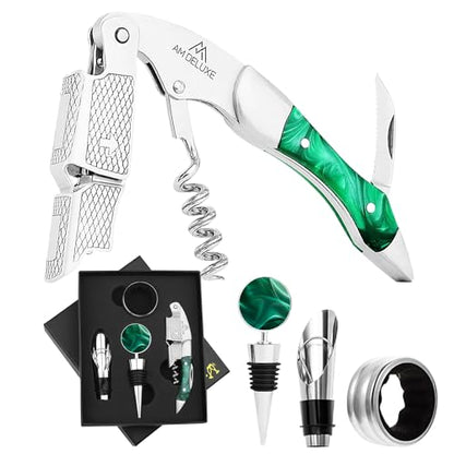 Wine Bottle Opener Set - Professional Waiters Corkscrew Wine Opener, Wine Aerator Pourer Spout, Wine Bottle Stopper, Wine Collar Drip Ring. 4-Piece Wine Accessories Gift Set