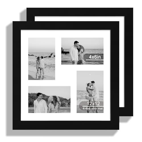 Hongkee 12x12 Picture Frame Set of 2, Black Wood Frame with Glass Collage Frame, Display Pictures 4-4x6 With Mat or 12 x 12 Without Mat, Square Photo Frames Collage for Wall Hanging or Tabletop - color: Black, size: 12x12 in matted to 4-4x6