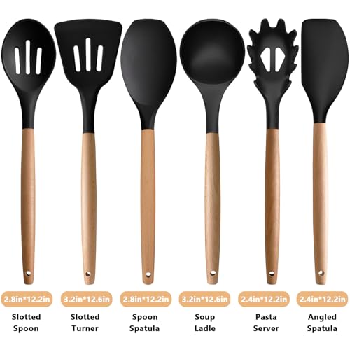 Silicone Kitchen Utensils Set of 6, Cooking Utensils Set with Heat Resistant Wooden Handle, Nonstick Silicone Spatula Spoon Turner Ladle, Cooking Kitchen Gadget for Cookware & Baking BPA FREE - color: Black, size: Standard 6-Piece Set