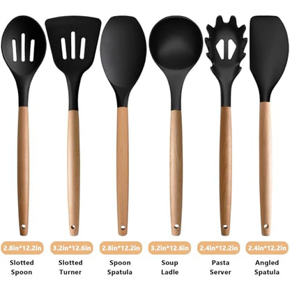 Silicone Kitchen Utensils Set of 6, Cooking Utensils Set with Heat Resistant Wooden Handle, Nonstick Silicone Spatula Spoon Turner Ladle, Cooking Kitchen Gadget for Cookware & Baking BPA FREE - color: Black, size: Standard 6-Piece Set