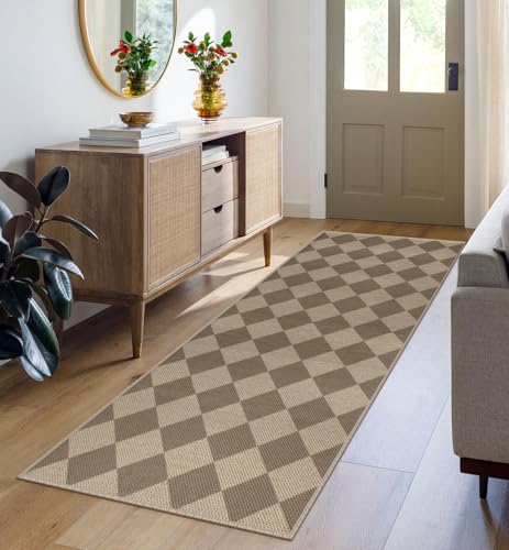 Easy Jute Checkered Runner Rug, 2x6 Brown Modern Washable Rugs Runner for Hallway Non-Slip Long Kitchen Rug, Geometric Diamond Indoor Outdoor Carpet for Porch Laundry Entryway - color: Brown Checkered, size: 2' x 6' (Runner)