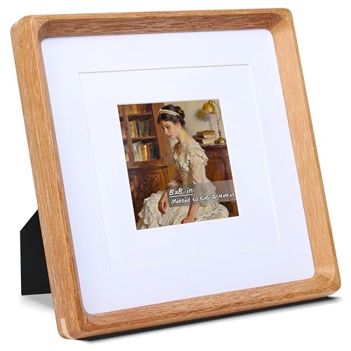 Square 8x8 Picture Frame with Mat for 4x4/6x6, USA-Sourced Natural Teak Wood Handcrafted Rounded Corner with Real Glass, Vertical or Horizontal Display Photo Gallery Wall & Tabletop Frame - color: Teak, size: 8x8 Matted to 4x4/6x6