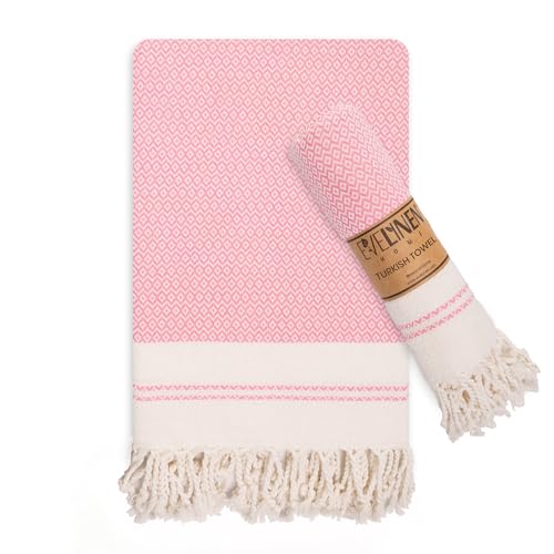 Evelynen Turkish Hand Towels for Bathroom & Kitchen Towels Decorative Set of 2 | Boho Farmhouse Hand Towels with Hanging Loops for Face, Dish, Kitchen & Bath (16" x 32" - Pink) - color: Pink