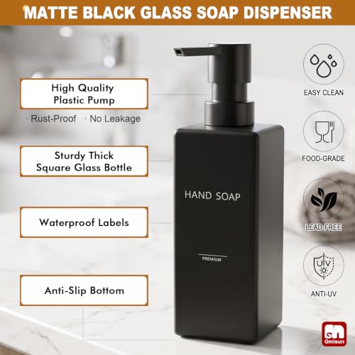 GMISUN Dish Soap Dispenser, 12 fl oz / 350 ml Dual Kitchen Soap Dispensers with Sponge Holder, Customized Matte Black Kitchen Soap Dispenser Set, Modern Hand and Dish Soap Bottle Set Removable - color: Black Bottle + Black Rack