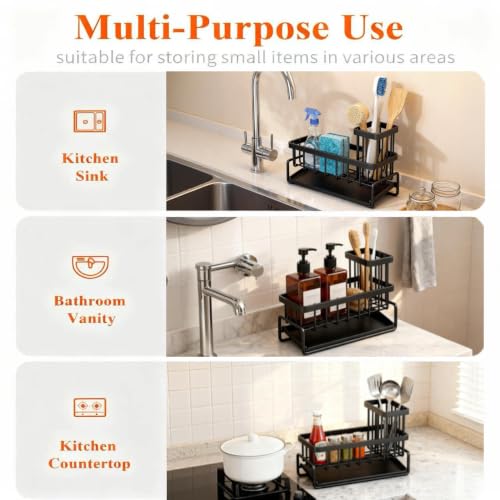 Stainless Steel Sink Caddy Sponge Holder for Kitchen Sink, Countertop Organization Storage with Movable High Brush Holder, Soap Dispenser Set Tray Counter Storage Rack, Home Decor Accessories ﻿