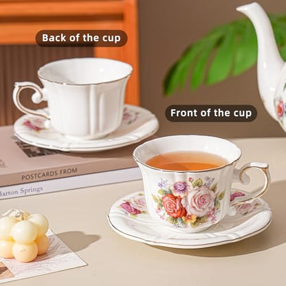 Ceramic Floral Cups with Saucers，7 oz Espresso Cups for Latte Coffee Cafe, Cappuccino and Tea(1, Rose) - color: Rose