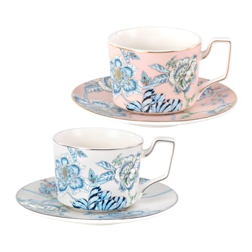 KAMMAK Tea Cups and Saucers Set of 2, Porcelain Coffee Cups, NX043 | Gold Rim, Stackable Espresso Mugs, Ceramic Demitasse for Coffee, Latte, Americano, Afternoon Tea, Elegant Gift for Women - size: 8CZNX043+44