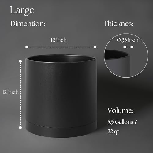 Giraffe Creation 12 Inch Cylinder Plant Pot, Modern Round Planter with Drainage Holes and Saucer, Lightweight Plastic Flower Pot for Indoor Outdoor Plants, Black - color: Black 12 Inch
