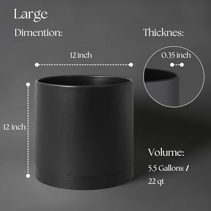 Giraffe Creation 12 Inch Cylinder Plant Pot, Modern Round Planter with Drainage Holes and Saucer, Lightweight Plastic Flower Pot for Indoor Outdoor Plants, Black - color: Black 12 Inch