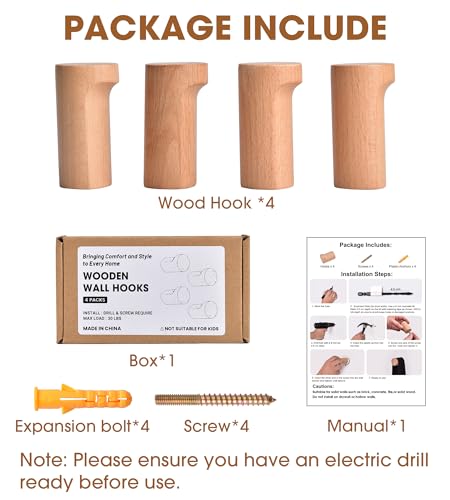 Beech Wood Wall Hooks, 4 Pack Heavy Duty Coat Hooks – Farmhouse Rustic Entryway & Bathroom Hooks for Hats, Towels, Bags, Clothes, Fits Drywall - color: Beech Wood, size: Straight 4-Pcs
