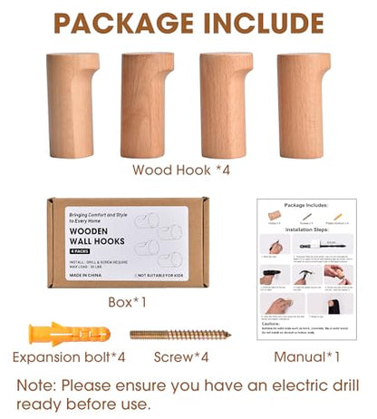 Beech Wood Wall Hooks, 4 Pack Heavy Duty Coat Hooks – Farmhouse Rustic Entryway & Bathroom Hooks for Hats, Towels, Bags, Clothes, Fits Drywall - color: Beech Wood, size: Straight 4-Pcs