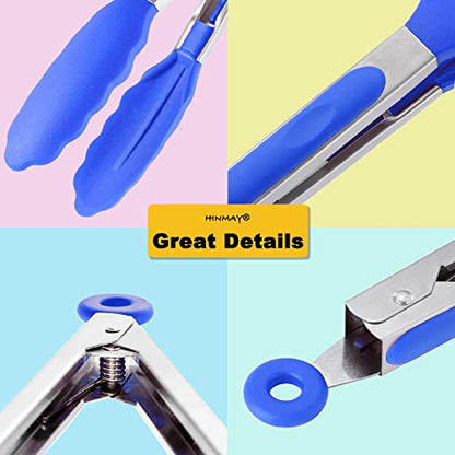 HINMAY 9-Inch Cooking Tongs with Silicone Tips, Set of 3 (Blue) - color: Blue