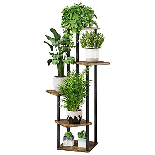 5 Tier Tall Plant Stand Indoor Corner Tiered Shelf Metal MDF Board | Sturdy Metal Frame,Space-saving Tiered Design Display Multiple Plants,Modern Style for Home,Balcony,Office Black+Rustic Brown