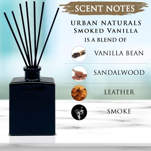 Reed Diffuser Set, Smoked Vanilla - Bathroom Shelf Décor | Vanilla Bean, Sandalwood & Leather, 5 ounce Sleek Black Rectangular Refillable Glass Bottle, Made in the USA - color: Smoked Vanilla