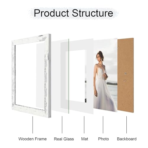 iRahmen 10x12 Picture Frame with Mat 8x10 - High Definition Real Glass Wooden Photo Frames for Tabletop Display and Wall Mounting (Distressed White, Set of 4) - color: Distressed White, size: 10X12