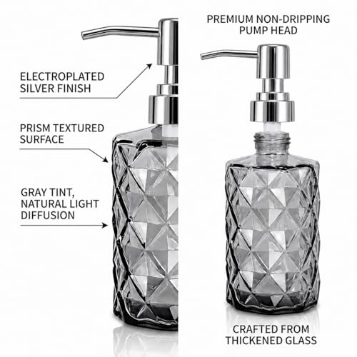 LGURT 12oz Black Glass Soap Dispenser, Stainless Steel Non-Drip Pump | Diamond-cut prism finish like crystal. Semi-transparent black glass. For kitchen, bathroom, powder room countertops. - color: Clear Black