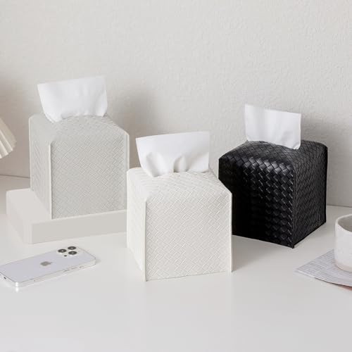 Tissue Box Cover PU Leather Tissue Holder Square Facial Tissue Case Facial Paper Organizer Dispenser for Bathroom, Vanity Countertop, Tabletop, Car, Black | PU Leather, Easy to Fill, Easy Clean, Decorative Tissue Box Holder for Office, Bathroom, Kitchen,