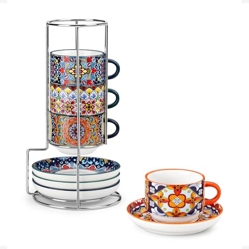 vancasso 4 Oz Bohemian Espresso Cup Set of 4, Ceramic with Saucers | Microwave and Dishwasher Safe, Easy Clean, For Cappuccino, Tea, Latte, Espresso, Stackable Design with Metal Display Stand - size: 4 Oz
