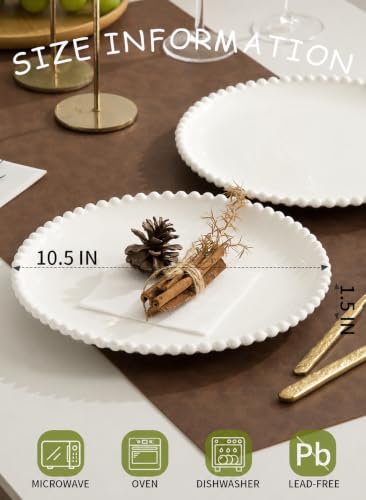 10.5 Inch Porcelain White Large Beaded Dinner Plates Set of 8 | Round Shape,Appetizer Plate,Ceramic,Dinnerware Serving,Salad,Pancakes,Steak,Pasta,Microwave, Dishwasher,Oven Safe - size: 10.5 Inch - 8P