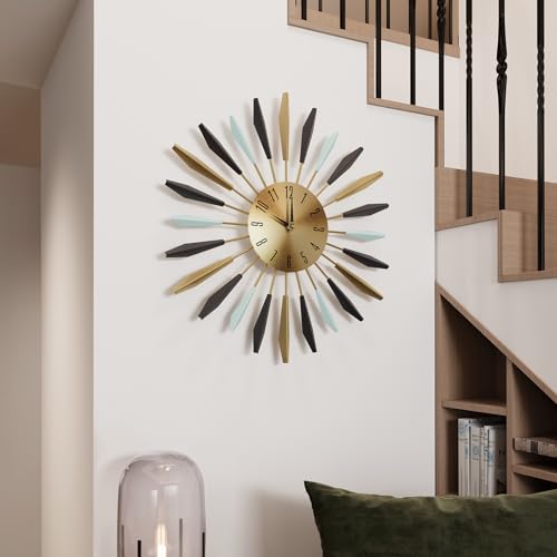 Cuspin Mid Century Modern Wall Clock, 22 Inch Large Metal Wall Clock for Living Room Decor, Colorful Sunburst Starburst Decorative Clocks Silent Battery Operated for Kitchen Bedroom Office - color: Gold Teal Sunburst, size: Small