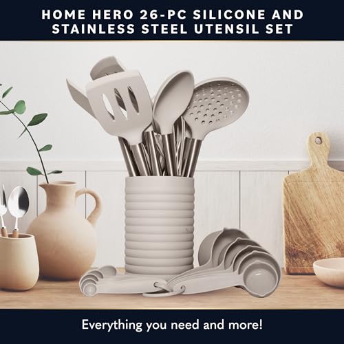 Home Hero Silicone Kitchen Utensils Set - Heat Resistant Non-Scratch Cooking Utensils - Ergonomic Silicone Spatula Set - Dishwasher Safe Kitchen Tools - 26 Piece, Stone - size: 26 Pcs